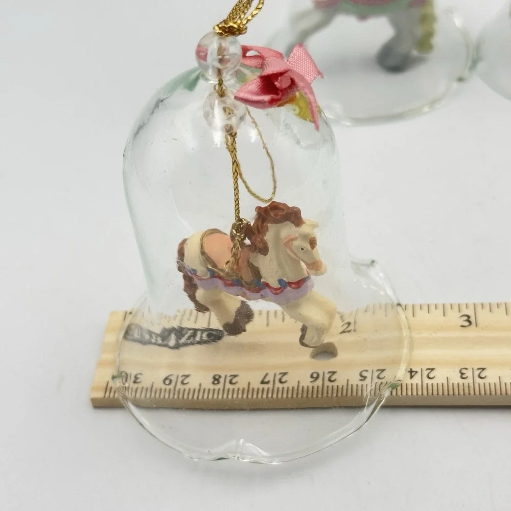 Vintage Set of 4 Clear Glass Bells with Carousel Horses Ornament Ruffled Edges‎